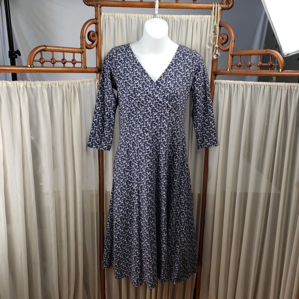 Eddie Bauer Petite XP Dress Blue Yellow Flowers Women Stretch Floral Fall